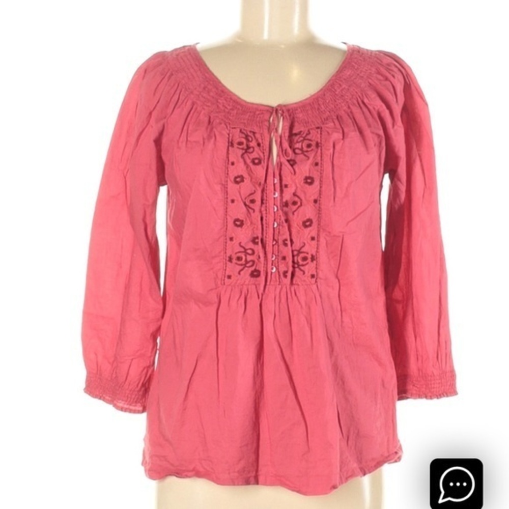 Izod size M blouse Coral orange BOHO 3/4 sleeve embroidered 100% Cotton ruched